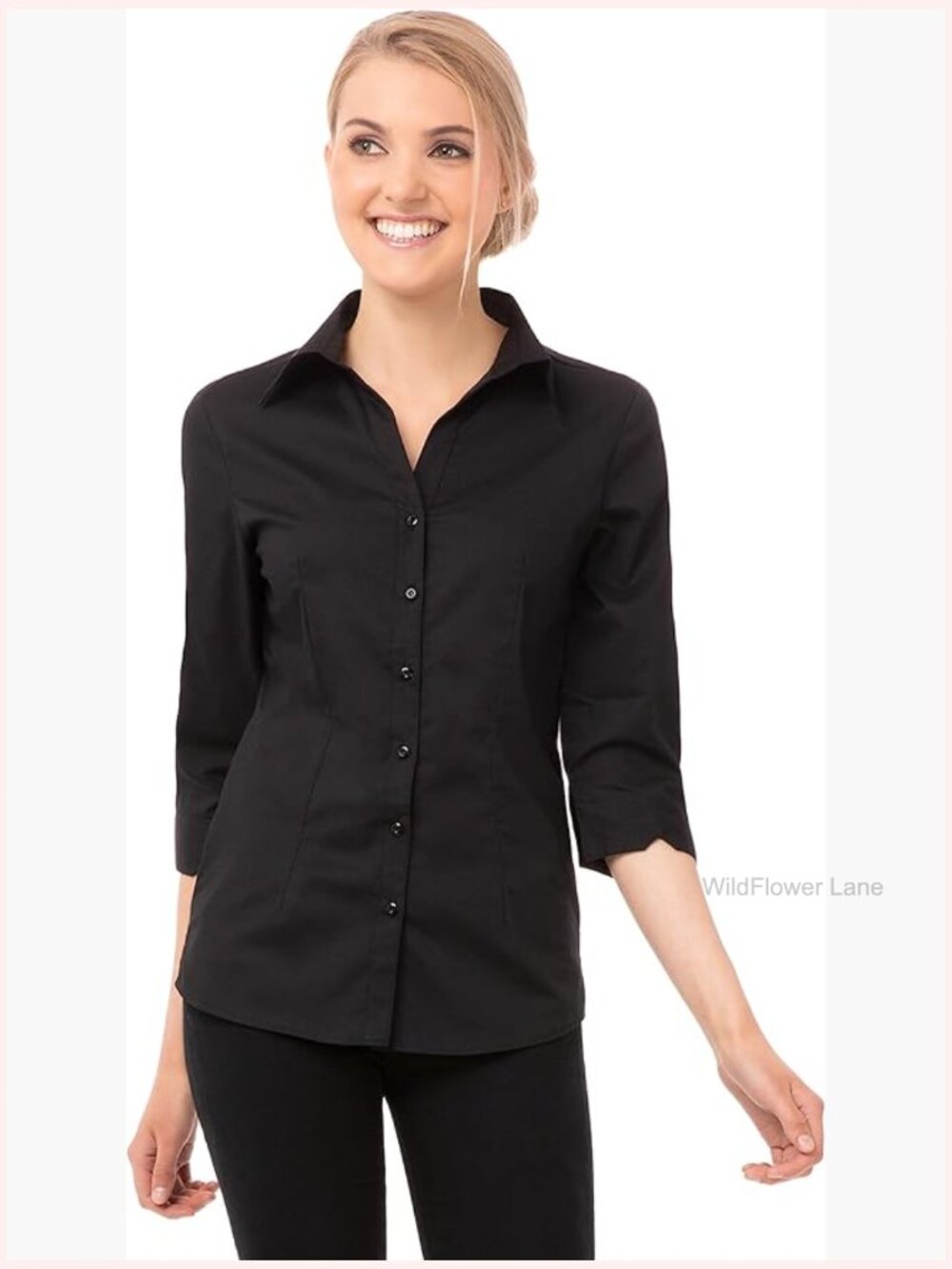 Fitted 3/4 Sleeve Button Down Shirt Poly Cotton Stretch